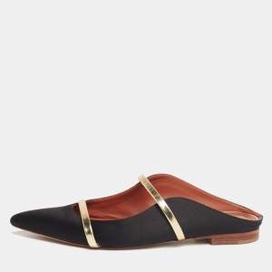 Pre Owned Malone Souliers Black/Gold Satin and Leather Maureen Pointed-Toe Flats Size 40