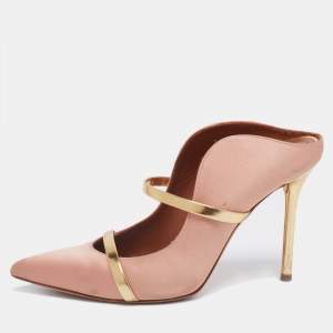 Pre Owned Malone Souliers Peach Pink/Gold Satin and Leather Maureen Pumps Size 37.5