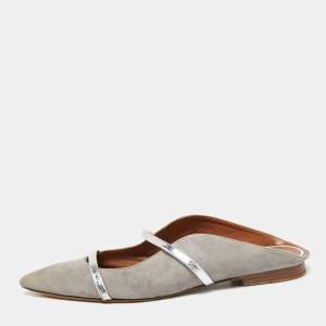 Pre Owned Malone Souliers Grey/Silver Suede and Leather Maureen Pointed-Toe Flats Size 40