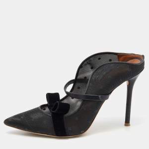 Pre Owned Malone Souliers Black Polka Dot Mesh And Velvet Maureen Bow Mules Size 37
