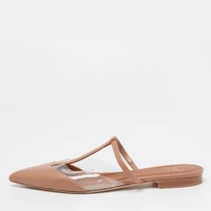 Pre Owned Malone Souliers Light Brown Leather and PVC Ann T-Bar Flats Size 40
