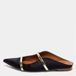 Pre Owned Malone Souliers Black/Gold Satin and Leather Maureen Flat Mules Size 39.5