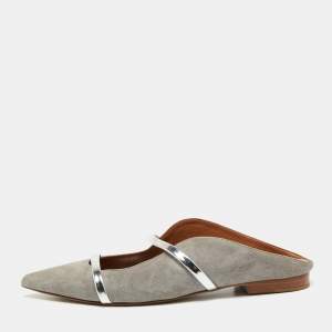 Pre Owned Malone Souliers Grey/Silver Suede and Leather Maureen Pointed-Toe Flats Size 39