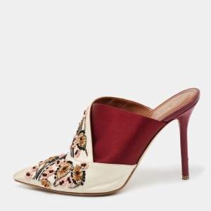Malone Souliers Off White/Burgundy Satin Floral Embroidered Pointed Toe Mules Size 37