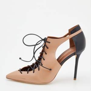 Pre Owned Malone Souliers Beige/Black Leather Pointed Toe Lace Up Booties Size 41