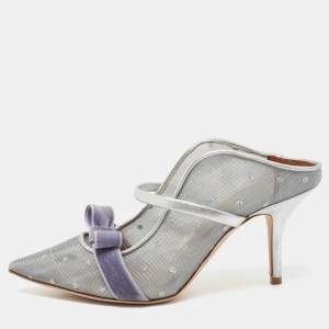 Malone Souliers Silver Mesh And Velvet Marguerite Bow Mules Size 37.5