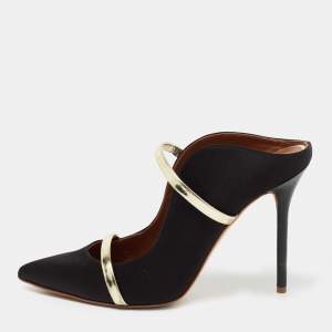 Pre Owned Malone Souliers Black/Gold Satin And Leather Maureen Pointed Toe Mules Size 38