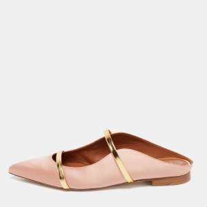 Pre Owned Malone Souliers Beige/Gold Satin And Leather Maureen Mules Size 39