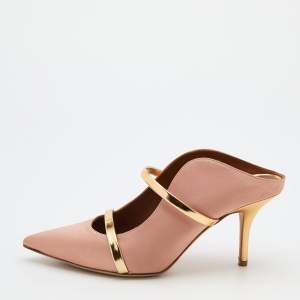 Pre Owned Malone Souliers Beige/Metallic Gold Satin And Leather Maureen Pointed Toe Mules Size 38.5