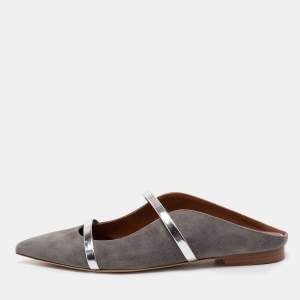 Pre Owned Malone Souliers Grey/Silver Suede and Leather Maureen Flat Mules Size 37