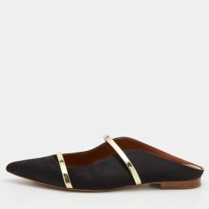 Pre Owned Malone Souliers Black/Gold Satin And Leather Maureen Pointed Toe Flat Mules Size 39