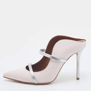 Pre Owned Malone Souliers Light Pink/Silver Fabric And Leather Maureen Pointed Toe Mules Size 37.5