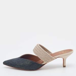 Pre Owned Malone Souliers Blue/Silver Canvas And Woven Fabric Maisie Mules Size 36