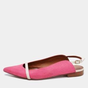 Pre Owned Malone Souliers Pink/Off-White Fabric and Leather Marion Luwolt Slingback Flats Size 37