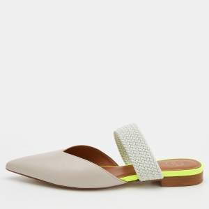 Pre Owned Malone Souliers Beige/Mint Green Leather And Woven Fabric Maisie Flat Mules Size 36.5