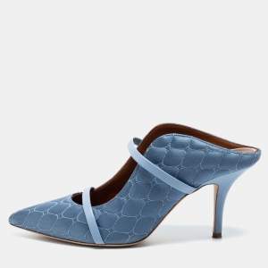 Pre Owned Malone Souliers Steel Blue Quilted Satin Maureen Mules Size 39