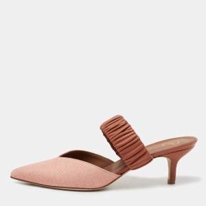 Pre Owned Malone Souliers Pink/Brown Woven Straw and Leather Maisie Mules Size 38