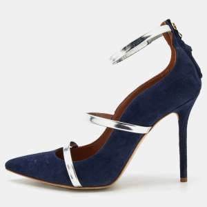 Pre Owned Malone Souliers Royal Blue/Silver Suede and Leather Robyn Ankle-Strap Pumps Size 39.5