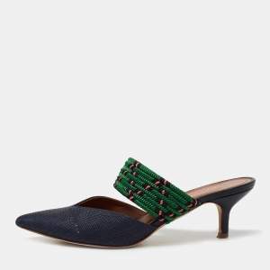 Pre Owned Malone Souliers Navy Blue/Green Straw and Fabric Maisie Mules Size 36