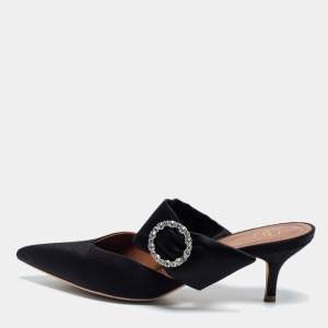 Pre Owned Malone Souliers Black Satin Maite Crystal Pointed-Toe Mules Size 38