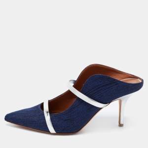 Pre Owned Malone Souliers Navy Blue Leather and Lurex Fabric Maureen Pumps Size 37.5