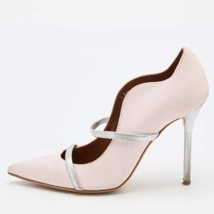 Pre Owned Malone Souliers Light Pink/Silver Fabric and Leather Maureen Pointed Toe Mules Size 39