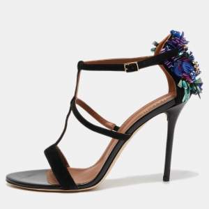 Malone Souliers Black Suede Embellished T-Strap Sandals Size 41