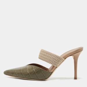 Malone Souliers Army Green Croc Embossed Leather Maisie Mules Size 37