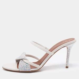 Pre Owned Malone Souliers Silver Leather and Suede Crystal Embellished Slide Sandals Size 39