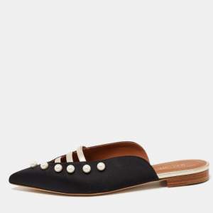 Pre Owned Malone Souliers Black/Gold Satin and Leather Zelda Flat Mules Size 38