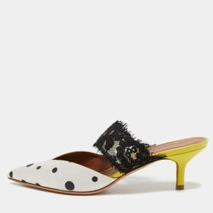 Pre Owned Malone Souliers x Emanuel Ungaro White/Black Polka Dot Satin and Lace Maisie Mules Size 36