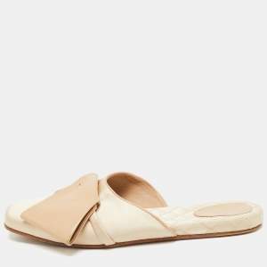 Pre Owned Malone Souliers Two Tone Satin and Leather Bow Flat Mules Size 37