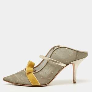 Pre Owned Malone Souliers Metallic Mesh and Velvet Marguerite Bow Mules Size 38.5