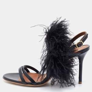 Pre Owned Malone Souliers Black Leather Sonia Feather Slide Sandals Size 37
