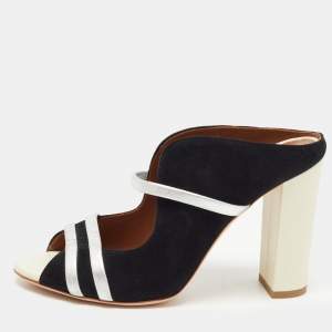 Pre Owned Malone Souliers Black/Silver Suede and Leather Maureen Block Heel Mules Size 38