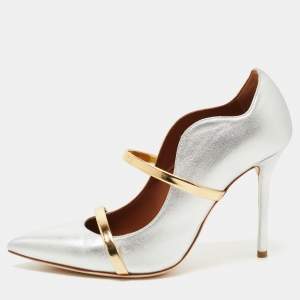 Pre Owned Malone Souliers Silver Foil Leather Maureen Pointed Toe Pumps Size 37.5