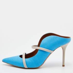 Pre Owned Malone Souliers Blue/Beige Canvas and Leather Maureen Pointed Toe Mules Size 39