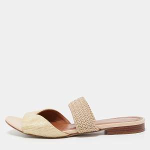 Pre Owned Malone Souliers Cream Woven Raffia Flat Slides Size 35.5
