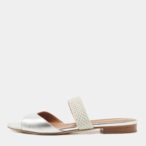 Pre Owned Malone Souliers Silver Leather Slide Flats Size 37.5