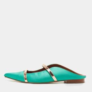 Pre Owned Malone Souliers Green/Rose Gold Satin and Leather Maureen Flat Mules Size 38