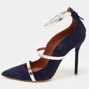 Pre Owned Malone Souliers Navy Blue/Silver Suede and Leather Robyn Pumps Size 39