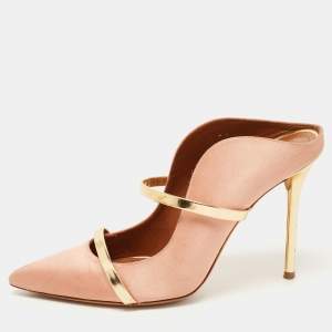 Pre Owned Malone Souliers Pink/Gold Satin and Leather Maureen Mules Size 39