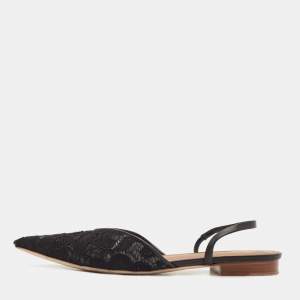 Pre Owned Malone Souliers Black Lace and Leather Maria Slingback Flat Sandals Size 38.5