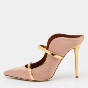 Pre Owned Malone Souliers Pink/Gold Satin and Leather Maureen Mules Size 39.5