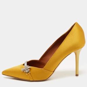 Pre Owned Malone Souliers Yellow Satin Lowe Crystal Embellished Pointed Toe Pumps Size 38