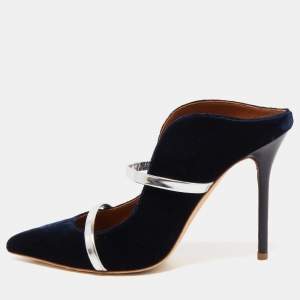 Pre Owned Malone Souliers Navy Blue/Silver Velvet and Leather Maureen Mules Size 39