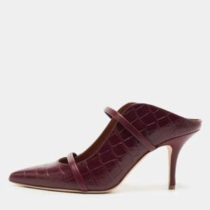 Pre Owned Malone Souliers Burgundy Croc Embossed Leather Maureen Pointed Toe Mules Size 38.5