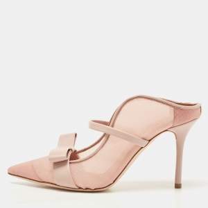 Pre Owned Malone Souliers Pink Mesh and Leather Marguerite Bow Pointed Toe Mules Size 36