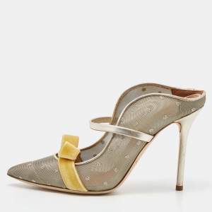 Pre Owned Malone Souliers Gold/Yellow Mesh and Velvet Marguerite Mules Size 37