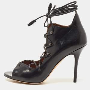 Malone Souliers Black Leather Savannah Open Toe Ankle Wrap Pumps Size 38.5